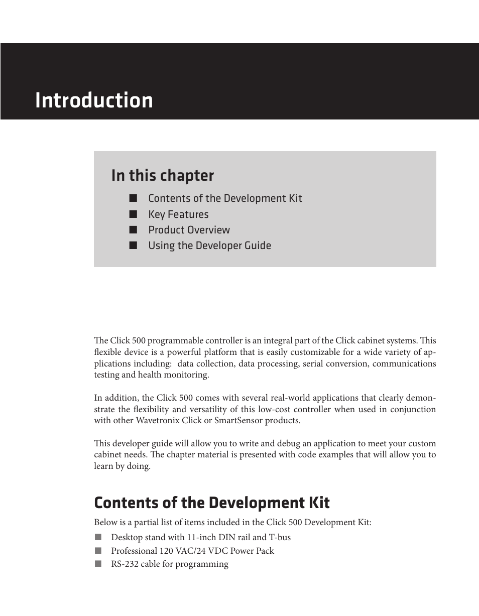 Introduction, Contents of the development kit | Wavetronix Click 500 (programmable controller) (CLK-500) - Developer Guide User Manual | Page 8 / 196