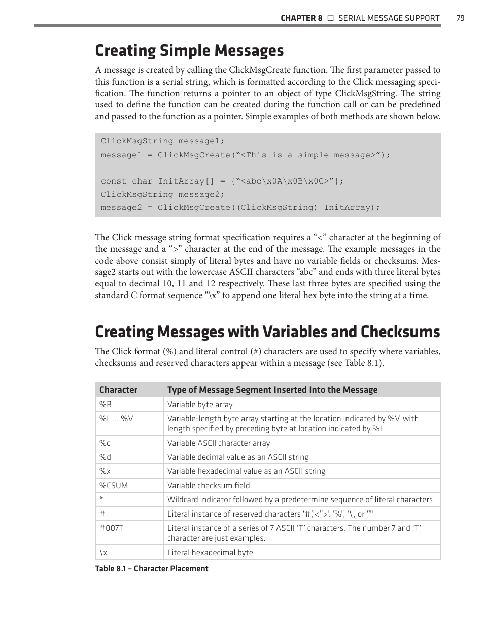 Creating simple messages, Creating messages with variables and checksums | Wavetronix Click 500 (programmable controller) (CLK-500) - Developer Guide User Manual | Page 80 / 196