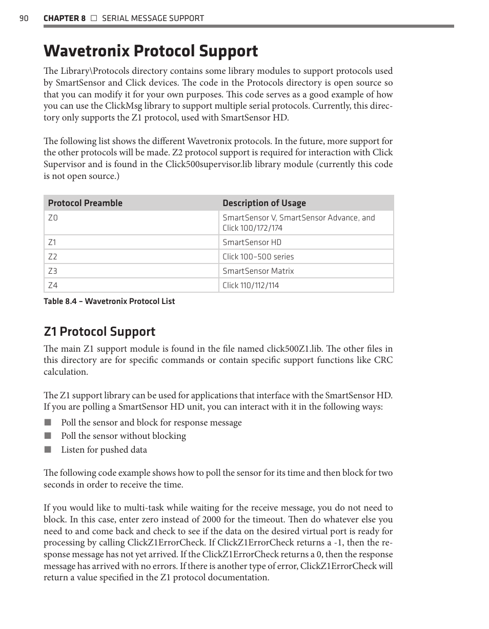 Wavetronix protocol support, Z1 protocol support | Wavetronix Click 500 (programmable controller) (CLK-500) - Developer Guide User Manual | Page 91 / 196