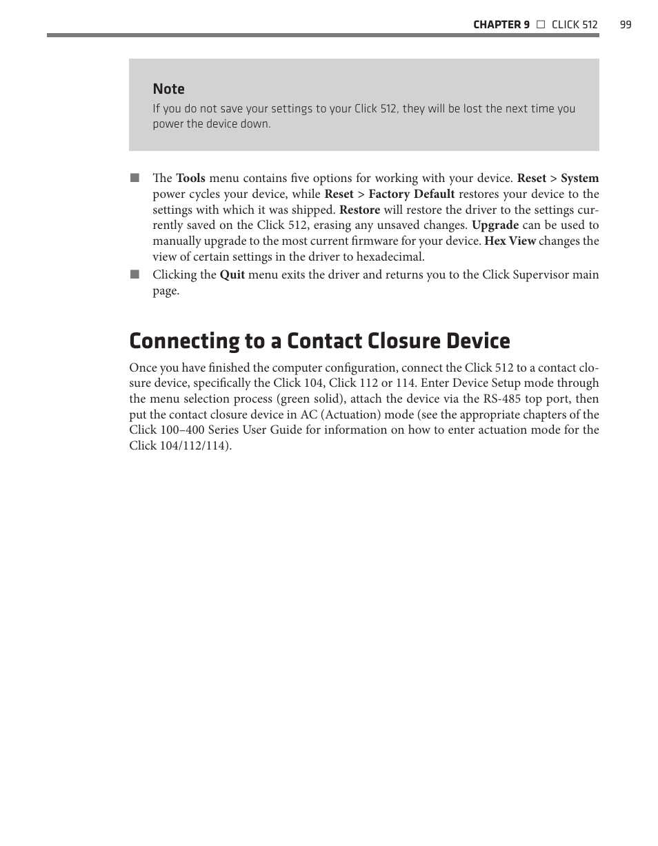 Connecting to a contact closure device | Wavetronix Click 500 (programmable controller) (CLK-500) - User Guide User Manual | Page 100 / 134