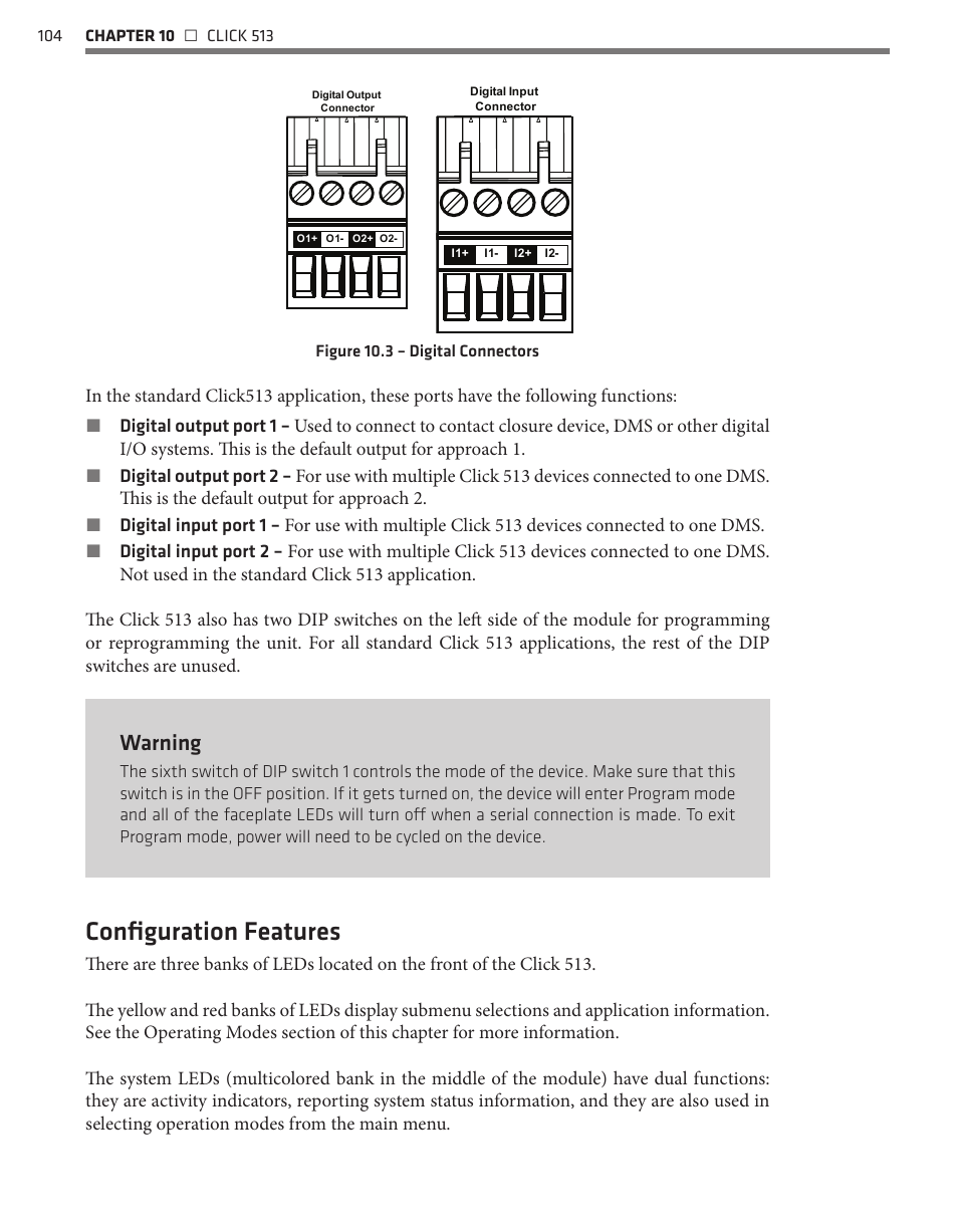 Configuration features, Warning | Wavetronix Click 500 (programmable controller) (CLK-500) - User Guide User Manual | Page 105 / 134