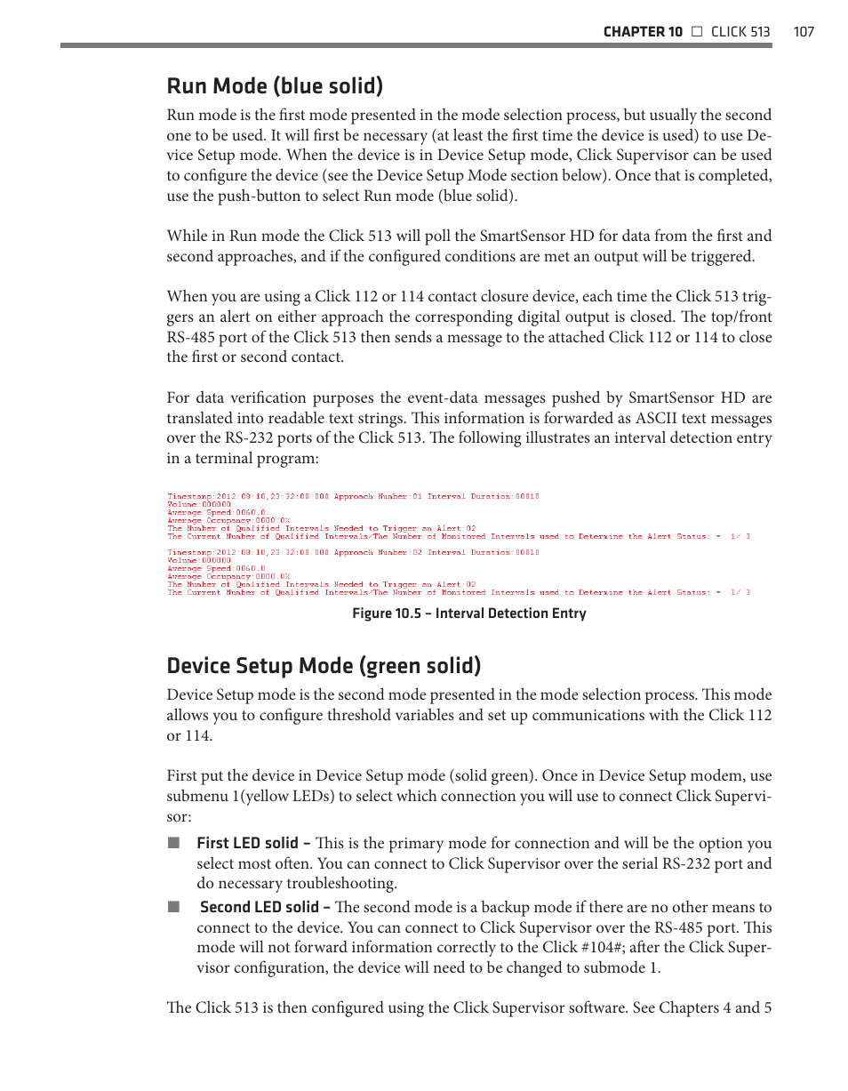 Run mode (blue solid), Device setup mode (green solid) | Wavetronix Click 500 (programmable controller) (CLK-500) - User Guide User Manual | Page 108 / 134