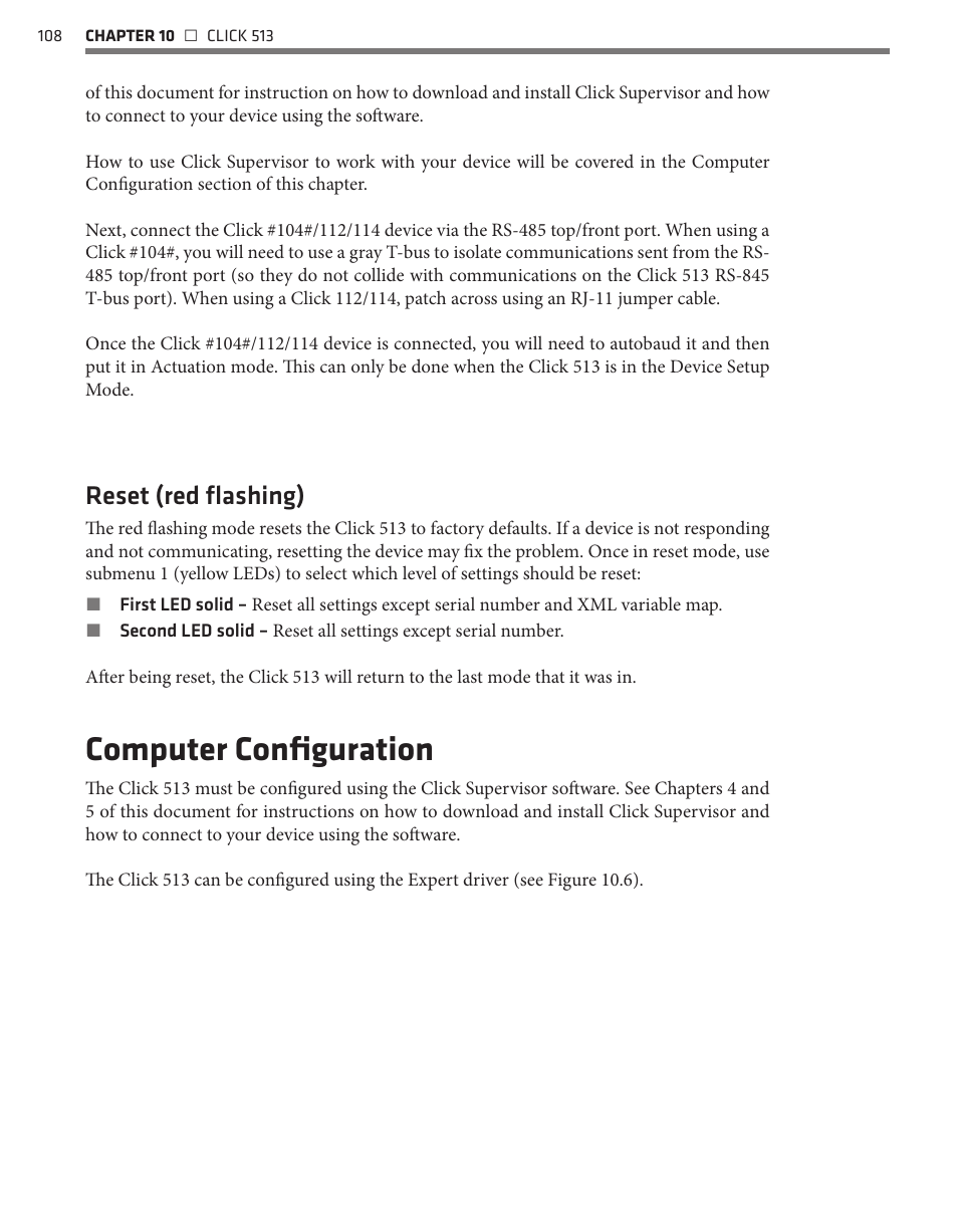 Computer configuration, Reset (red flashing) | Wavetronix Click 500 (programmable controller) (CLK-500) - User Guide User Manual | Page 109 / 134