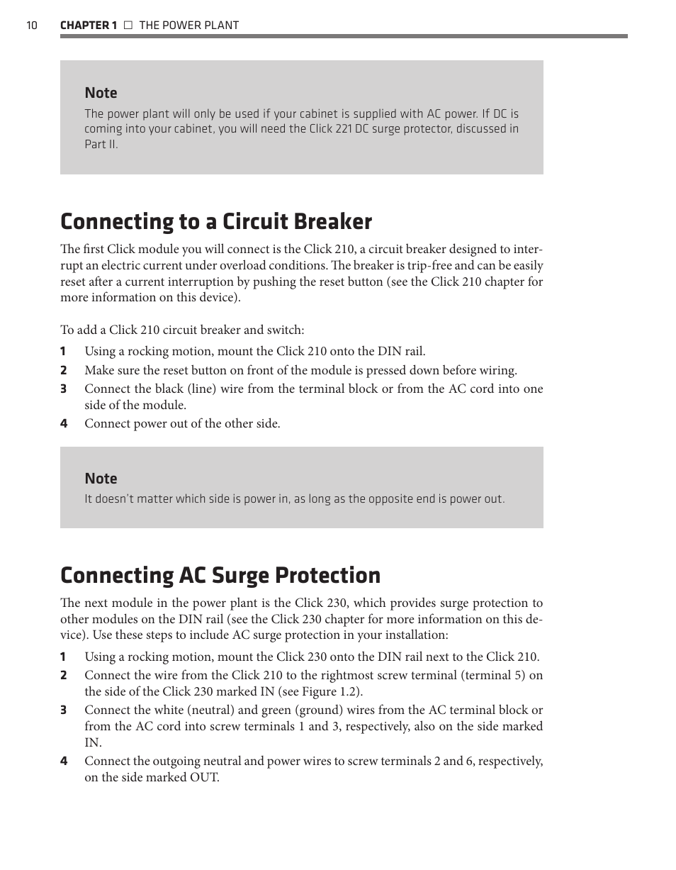 Connecting to a circuit breaker, Connecting ac surge protection | Wavetronix Click 500 (programmable controller) (CLK-500) - User Guide User Manual | Page 11 / 134