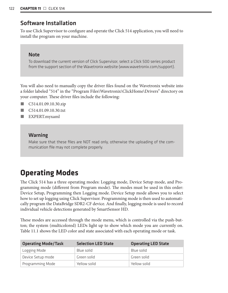 Operating modes, Software installation, Warning | Wavetronix Click 500 (programmable controller) (CLK-500) - User Guide User Manual | Page 123 / 134