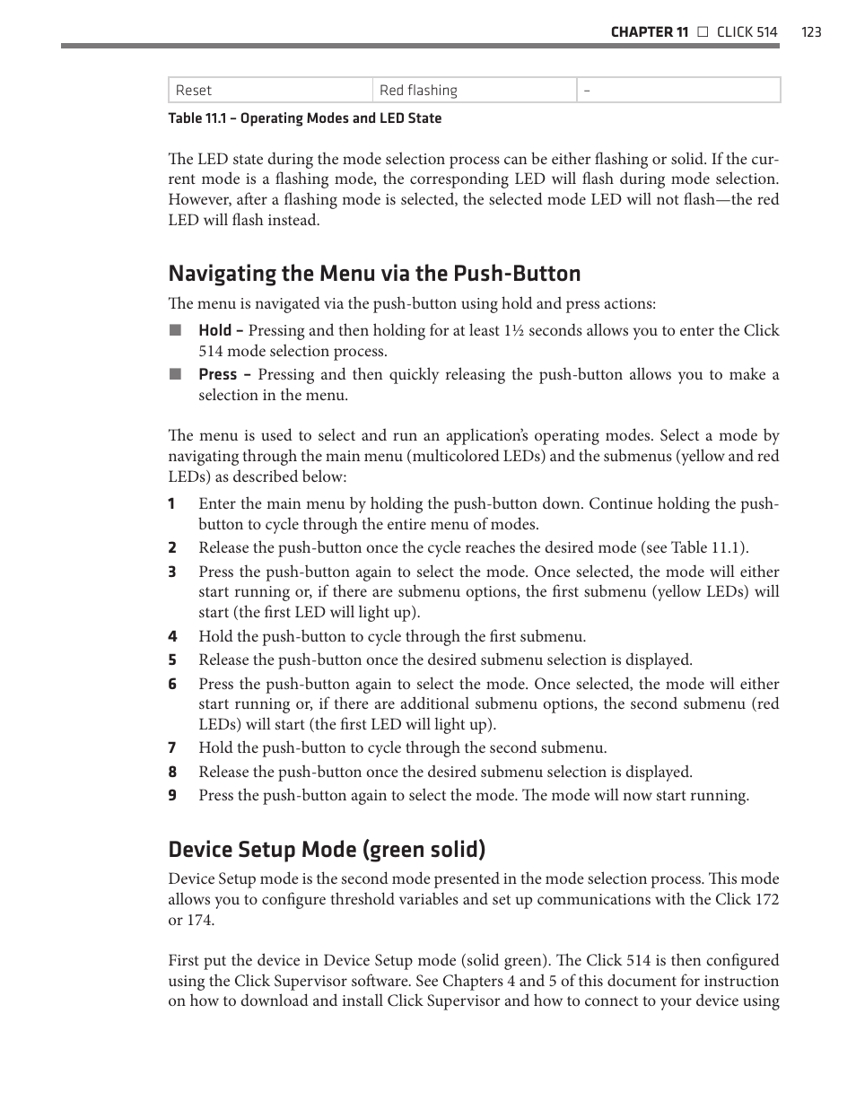 Navigating the menu via the push-button, Device setup mode (green solid) | Wavetronix Click 500 (programmable controller) (CLK-500) - User Guide User Manual | Page 124 / 134