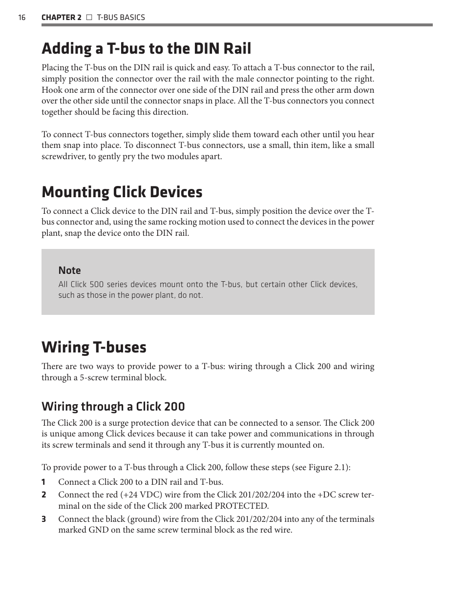 Adding a t-bus to the din rail, Mounting click devices, Wiring t-buses | Wiring through a click 200 | Wavetronix Click 500 (programmable controller) (CLK-500) - User Guide User Manual | Page 17 / 134