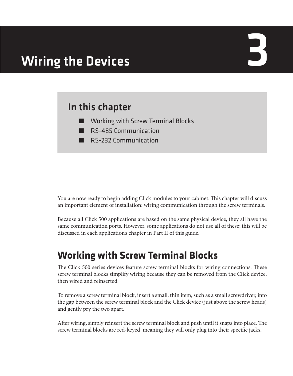 Wiring the devices, Working with screw terminal blocks | Wavetronix Click 500 (programmable controller) (CLK-500) - User Guide User Manual | Page 20 / 134