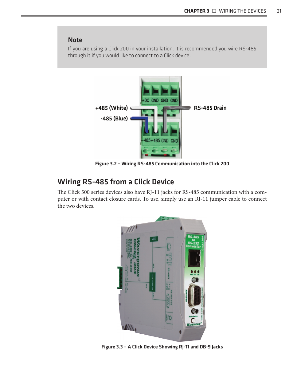 Wiring rs-485 from a click device | Wavetronix Click 500 (programmable controller) (CLK-500) - User Guide User Manual | Page 22 / 134