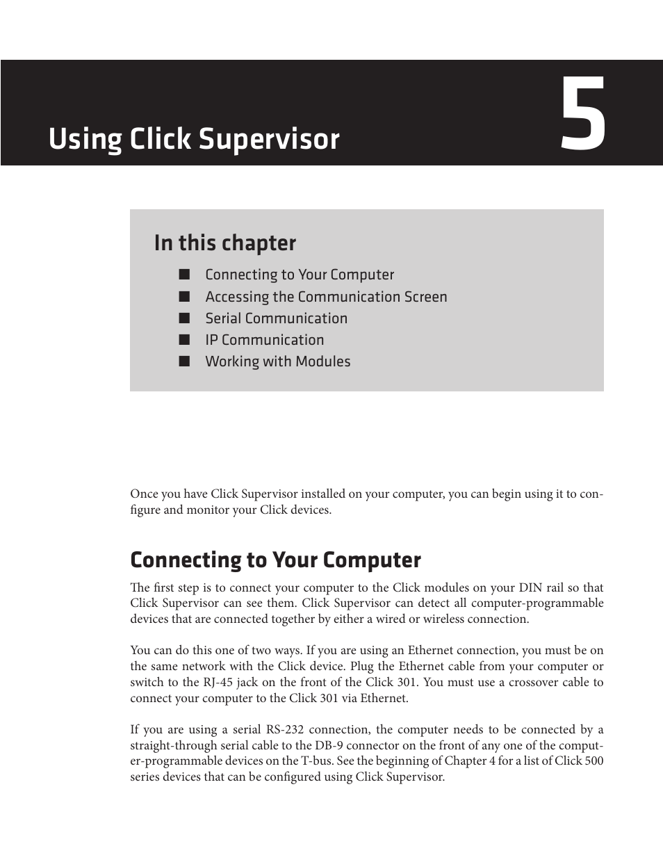 Using click supervisor, Connecting to your computer | Wavetronix Click 500 (programmable controller) (CLK-500) - User Guide User Manual | Page 30 / 134