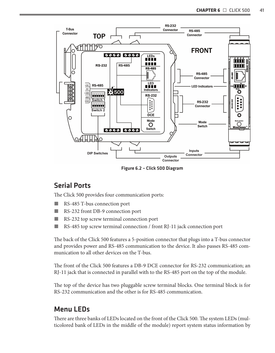 Serial ports, Menu leds | Wavetronix Click 500 (programmable controller) (CLK-500) - User Guide User Manual | Page 42 / 134