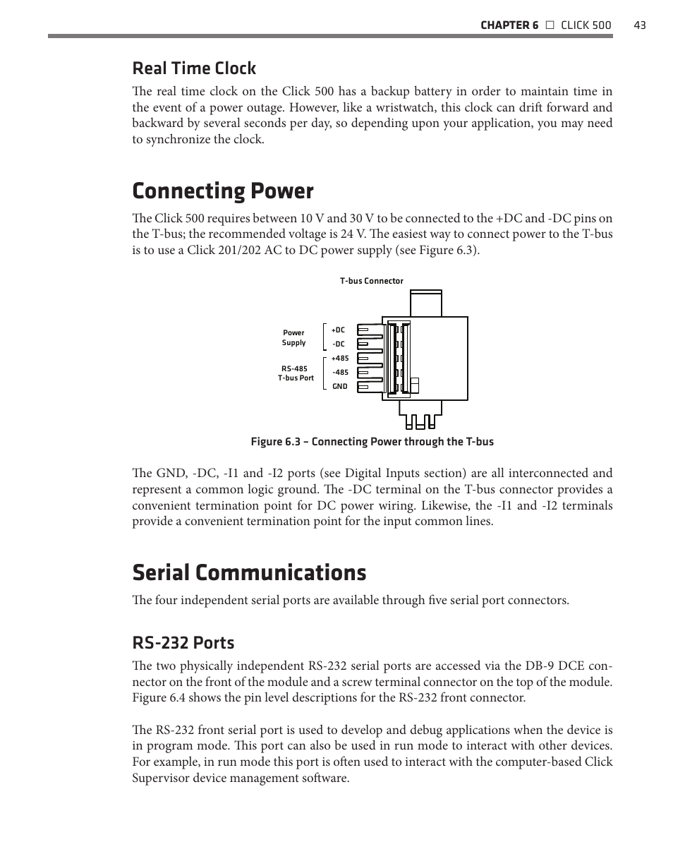 Connecting power, Serial communications, Real time clock | Rs-232 ports | Wavetronix Click 500 (programmable controller) (CLK-500) - User Guide User Manual | Page 44 / 134