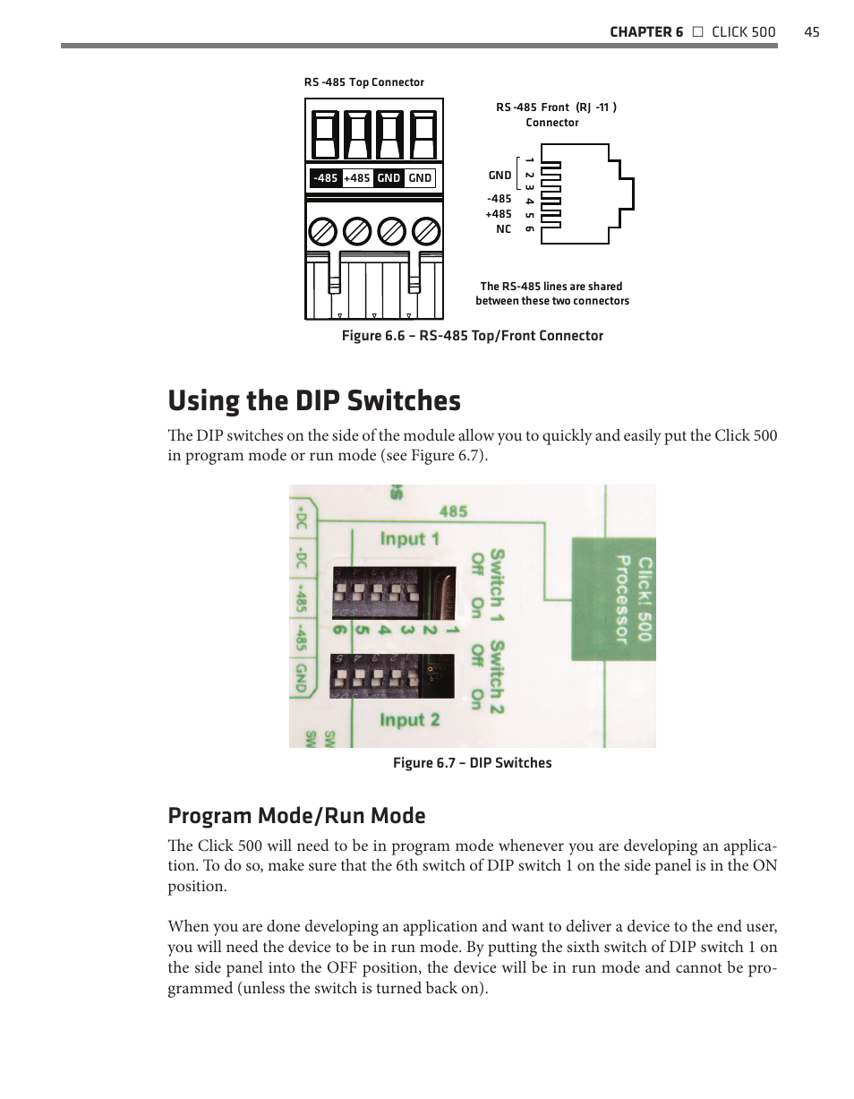 Using the dip switches, Program mode/run mode | Wavetronix Click 500 (programmable controller) (CLK-500) - User Guide User Manual | Page 46 / 134