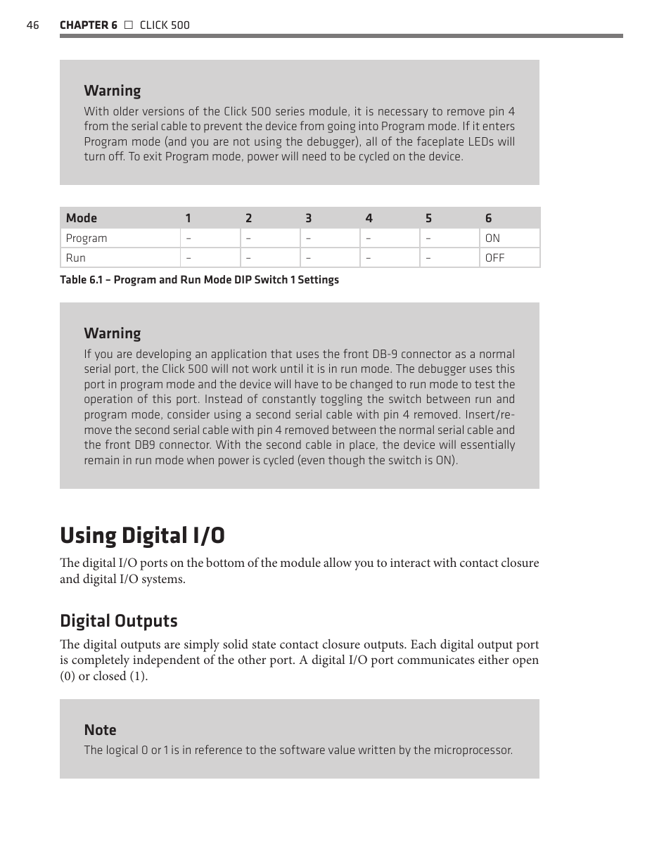 Using digital i/o, Digital outputs, Warning | Wavetronix Click 500 (programmable controller) (CLK-500) - User Guide User Manual | Page 47 / 134