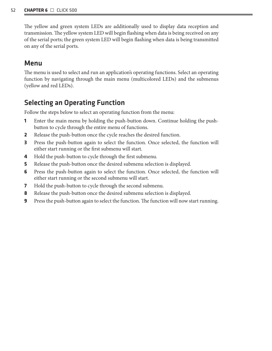 Menu, Selecting an operating function | Wavetronix Click 500 (programmable controller) (CLK-500) - User Guide User Manual | Page 53 / 134