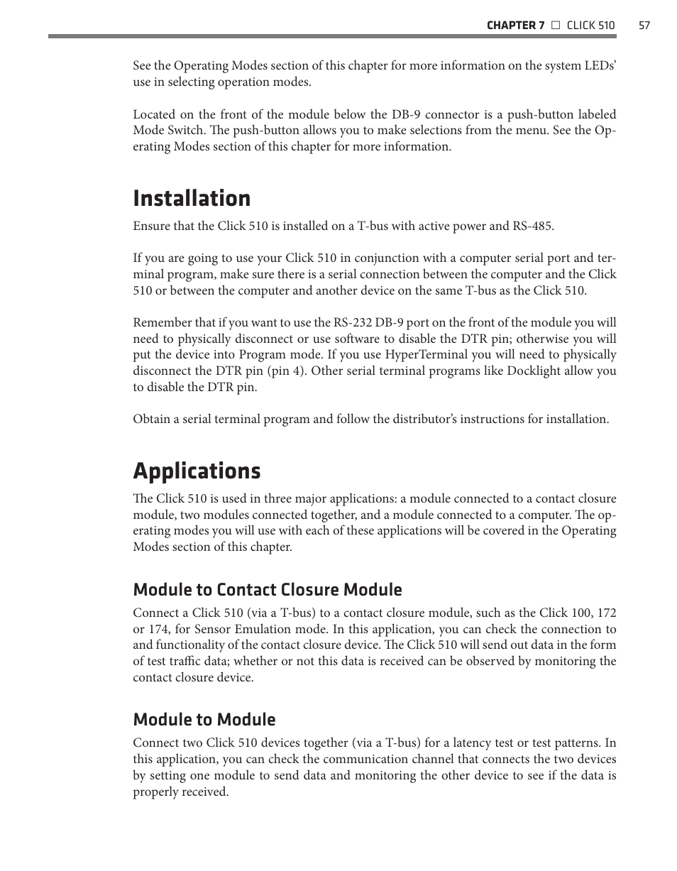 Installation, Applications, Module to contact closure module | Module to module | Wavetronix Click 500 (programmable controller) (CLK-500) - User Guide User Manual | Page 58 / 134