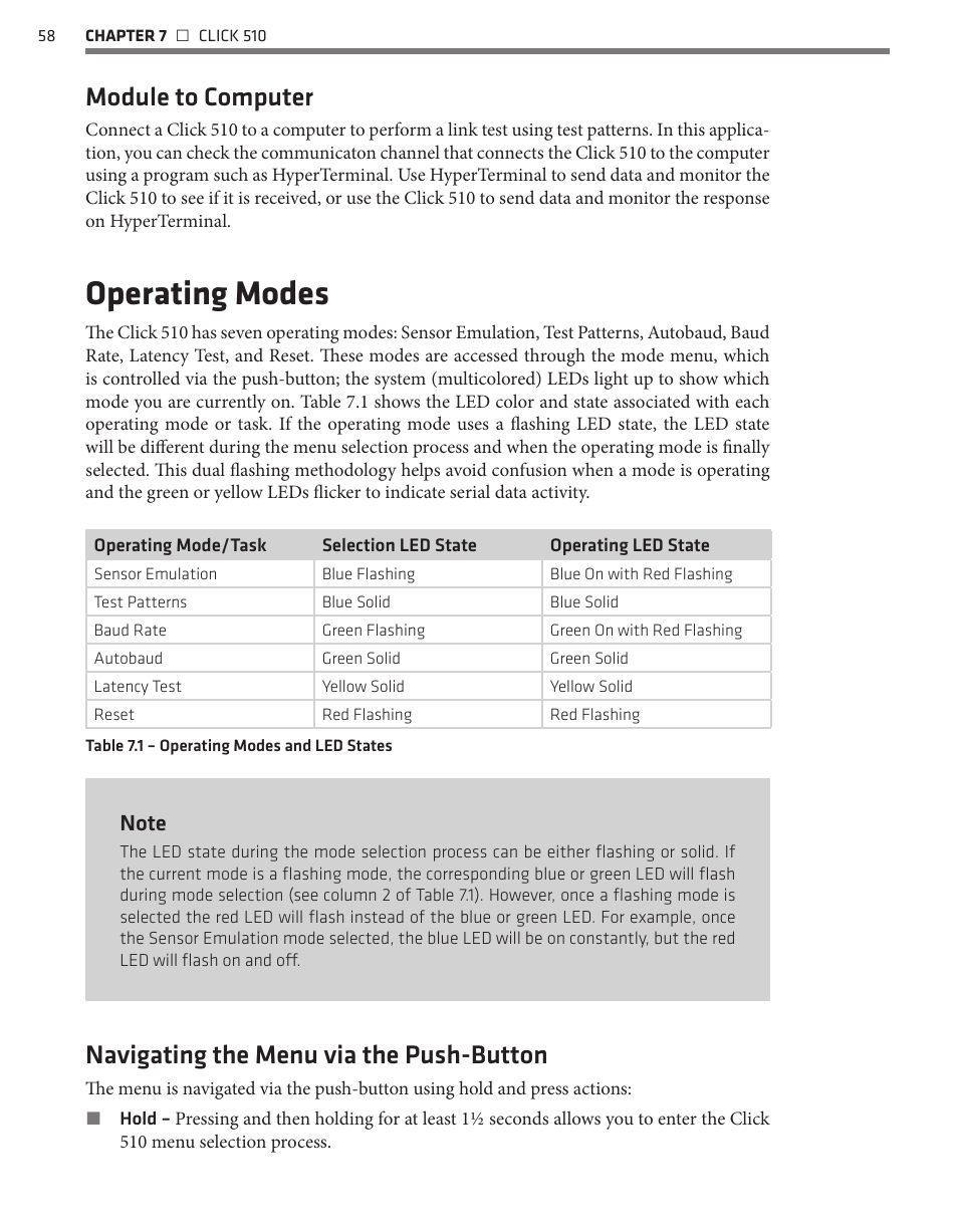 Operating modes, Module to computer, Navigating the menu via the push-button | Wavetronix Click 500 (programmable controller) (CLK-500) - User Guide User Manual | Page 59 / 134