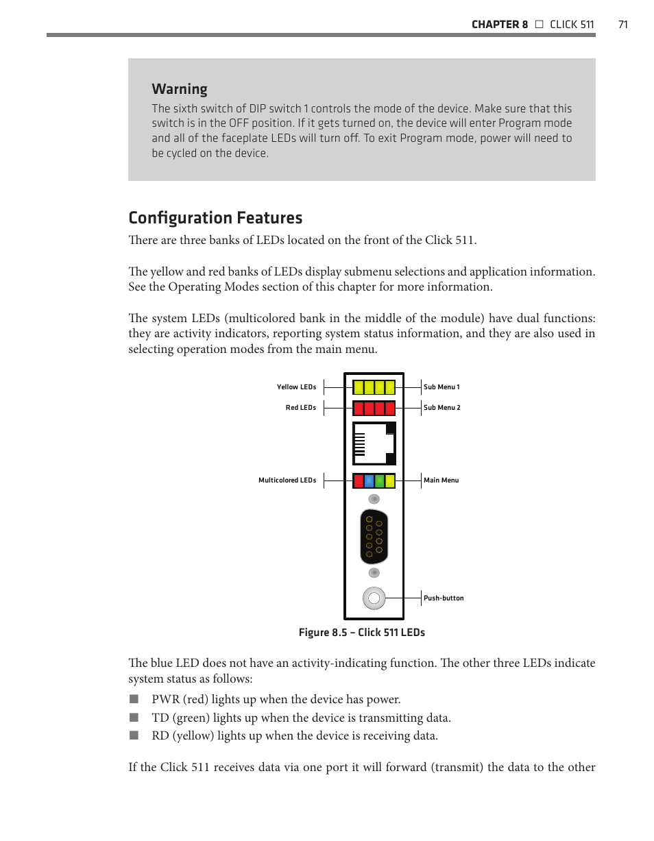 Configuration features, Warning | Wavetronix Click 500 (programmable controller) (CLK-500) - User Guide User Manual | Page 72 / 134