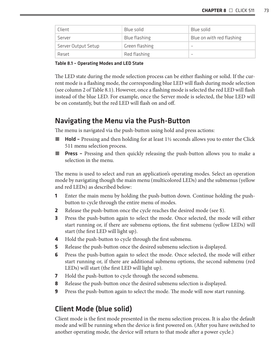 Navigating the menu via the push-button, Client mode (blue solid) | Wavetronix Click 500 (programmable controller) (CLK-500) - User Guide User Manual | Page 74 / 134