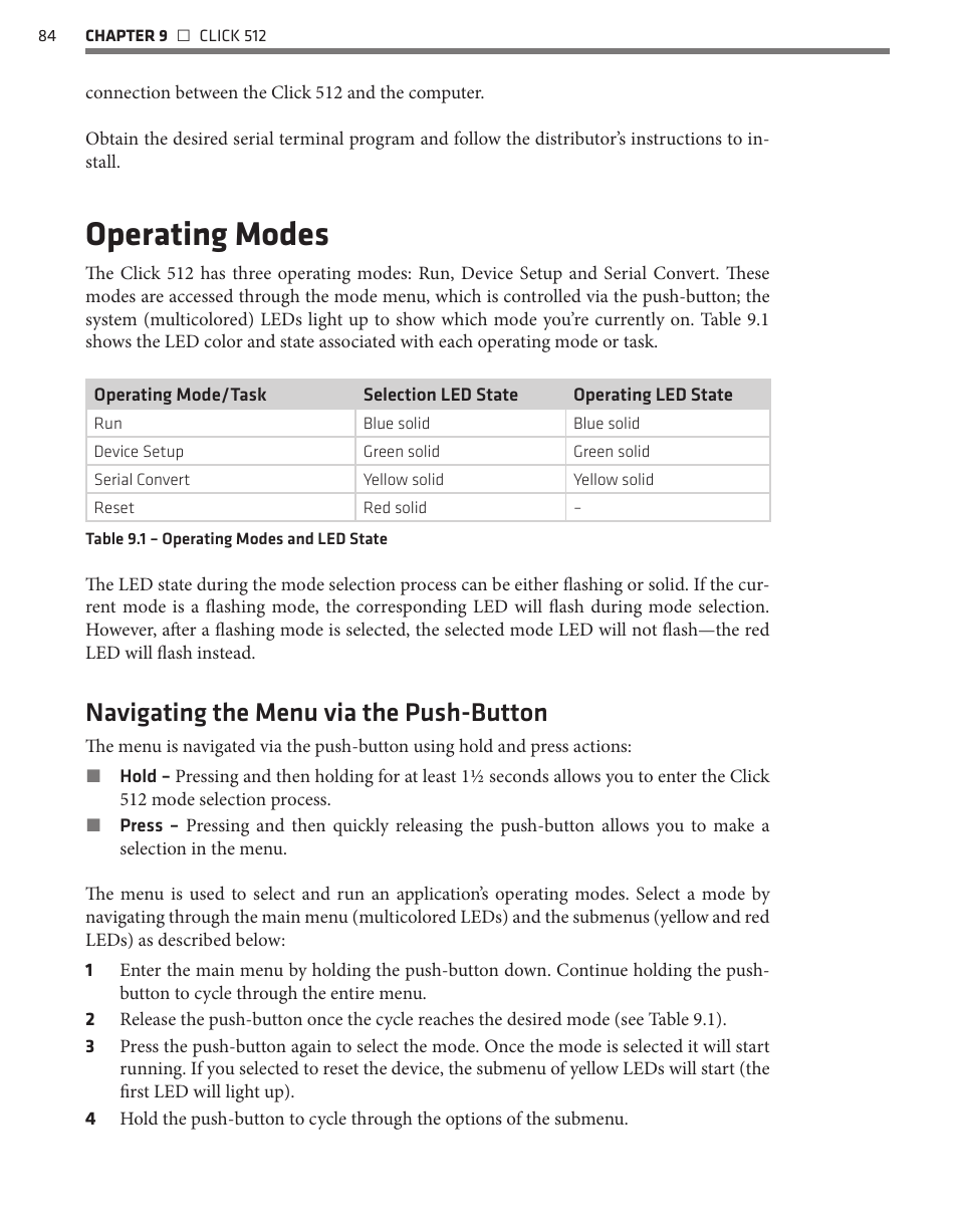 Operating modes, Navigating the menu via the push-button | Wavetronix Click 500 (programmable controller) (CLK-500) - User Guide User Manual | Page 85 / 134