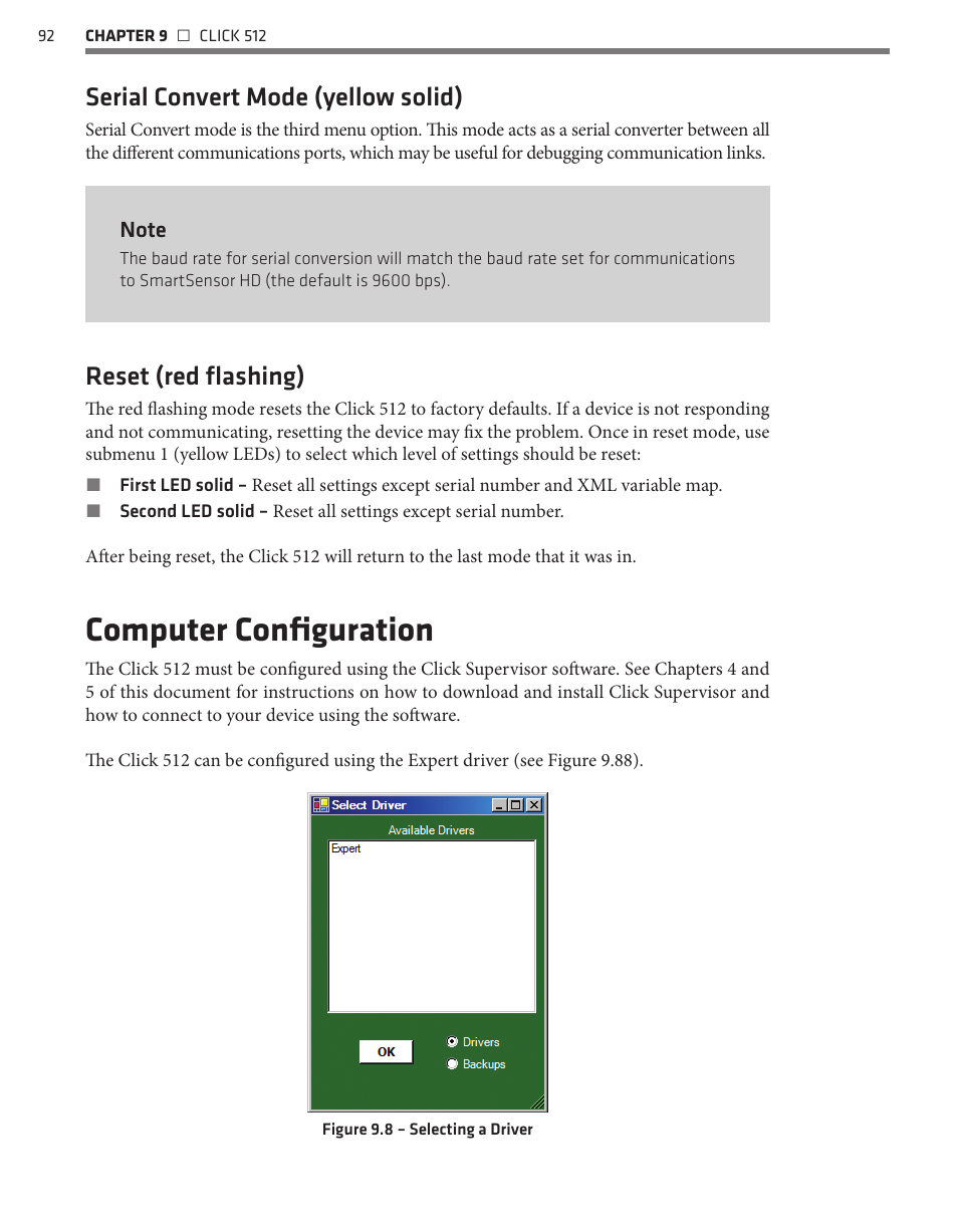 Computer configuration, Serial convert mode (yellow solid), Reset (red flashing) | Wavetronix Click 500 (programmable controller) (CLK-500) - User Guide User Manual | Page 93 / 134