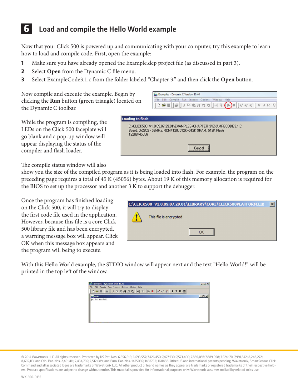 Load and compile the hello world example | Wavetronix Click 500 (programmable controller) (CLK-500) - Quick-reference Guide User Manual | Page 4 / 4