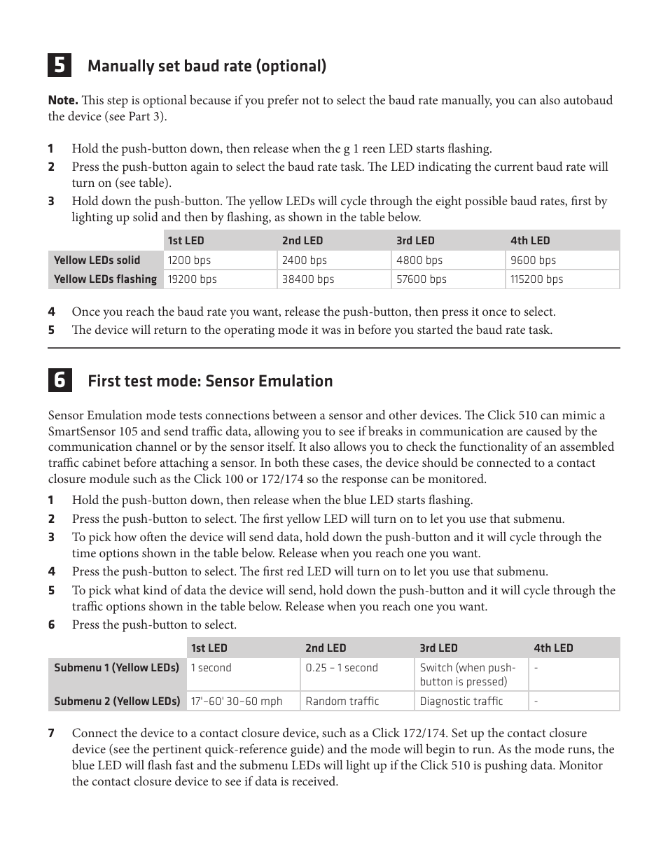 Manually set baud rate (optional), First test mode: sensor emulation | Wavetronix Click 510 (communication tester) (CLK-510) - Quick-reference Guide User Manual | Page 3 / 4