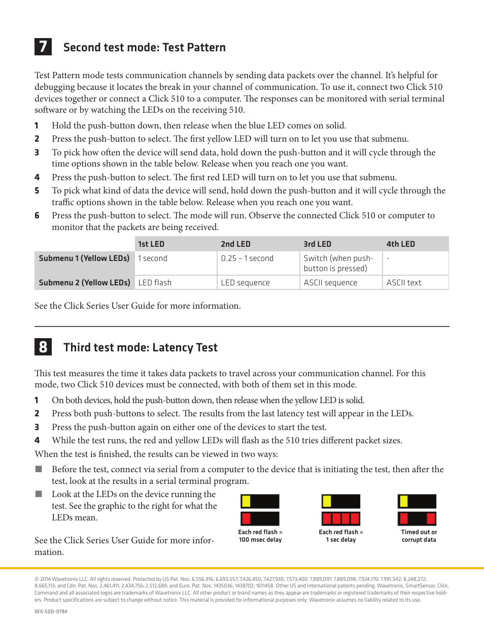 Second test mode: test pattern, Third test mode: latency test | Wavetronix Click 510 (communication tester) (CLK-510) - Quick-reference Guide User Manual | Page 4 / 4