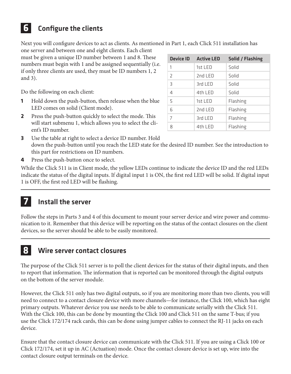 Configure the clients, Install the server, Wire server contact closures | Wavetronix Click 511 (digital I/O repeater) (CLK-511) - Quick-reference Guide User Manual | Page 4 / 6