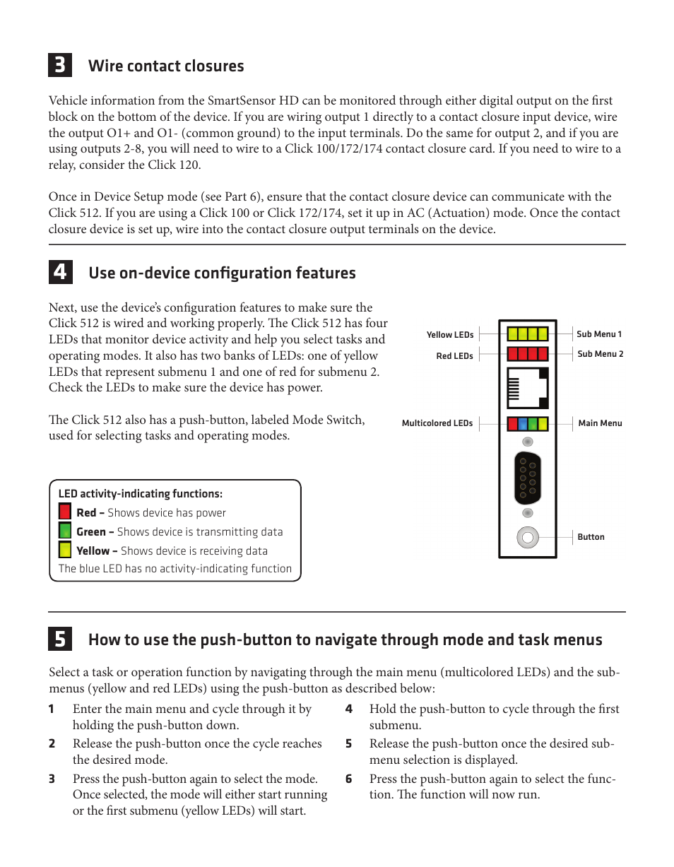 Wire contact closures, Use on-device configuration features | Wavetronix Click 512 (vehicle alert) (CLK-512) - Quick-reference Guide User Manual | Page 2 / 4