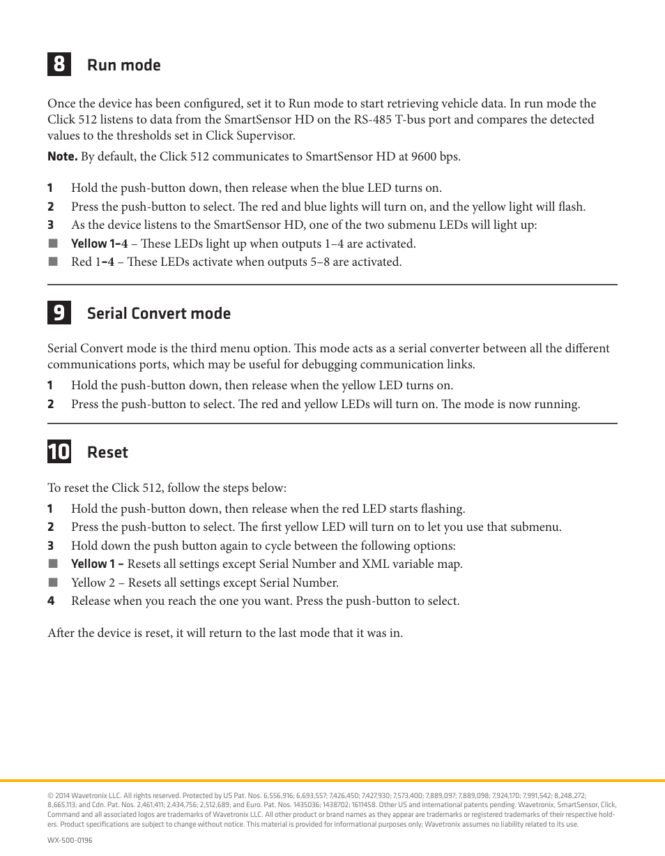 Run mode, Serial convert mode, Reset | Wavetronix Click 512 (vehicle alert) (CLK-512) - Quick-reference Guide User Manual | Page 4 / 4