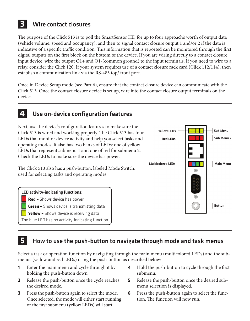Wire contact closures, Use on-device configuration features | Wavetronix Click 513 (traffic alert) (CLK-513) - Quick-reference Guide User Manual | Page 2 / 4
