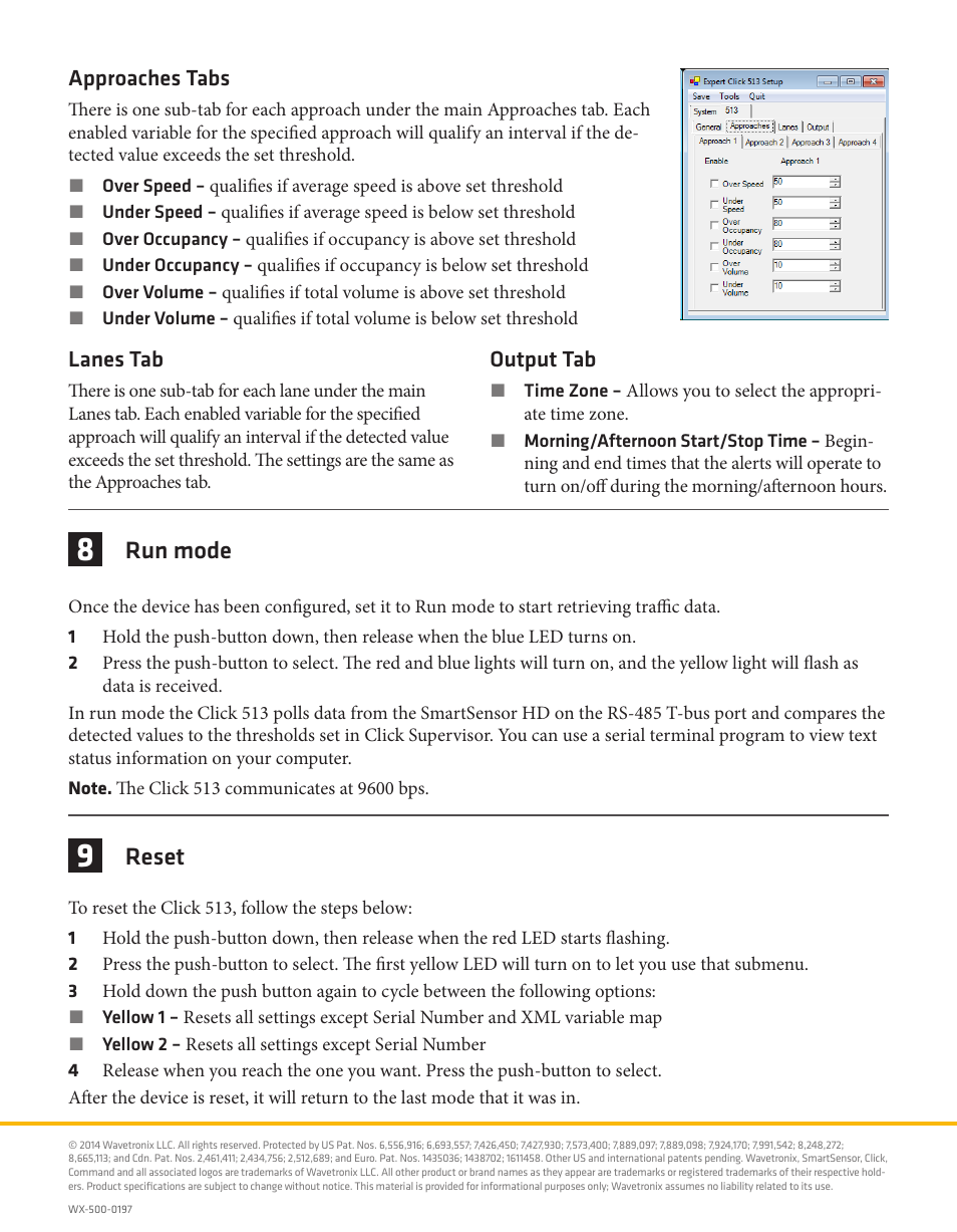 Run mode, Reset, Approaches tabs | Output tab, Lanes tab | Wavetronix Click 513 (traffic alert) (CLK-513) - Quick-reference Guide User Manual | Page 4 / 4