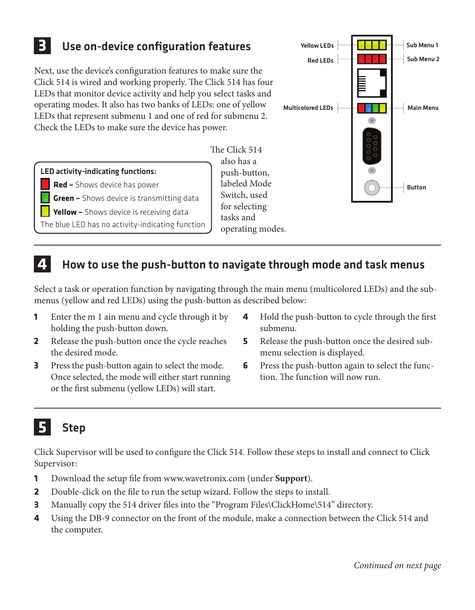 Use on-device configuration features, Step | Wavetronix Click 514 (event logger) (CLK-514) - Quick-reference Guide User Manual | Page 2 / 4