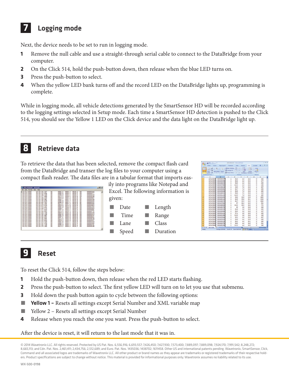 Logging mode, Retrieve data, Reset | Wavetronix Click 514 (event logger) (CLK-514) - Quick-reference Guide User Manual | Page 4 / 4