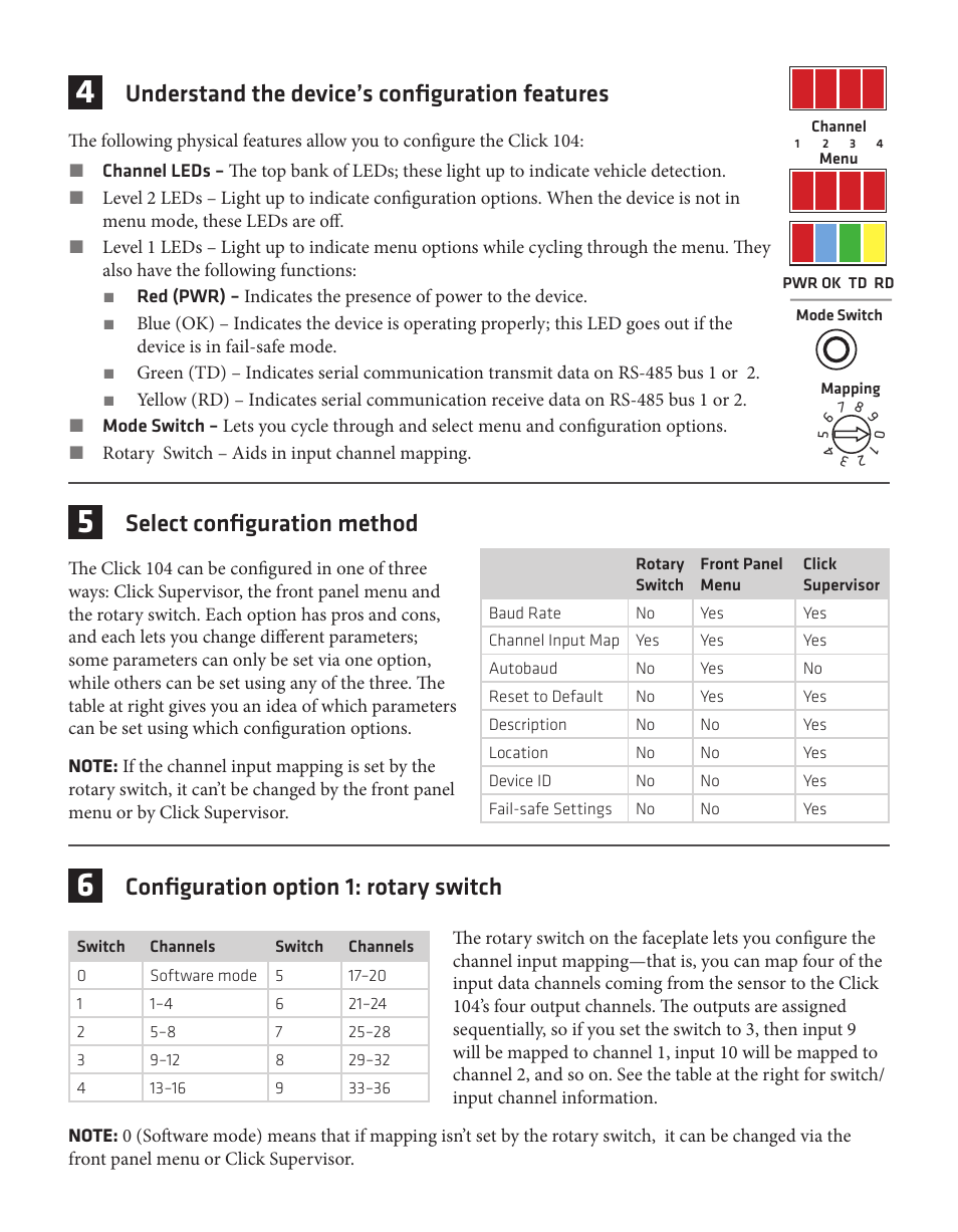 Understand the device’s configuration features, Select configuration method, Configuration option 1: rotary switch | Wavetronix Click 104 (4-channel DIN rail contact closure) (CLK-104) - Quick-reference Guide User Manual | Page 2 / 4
