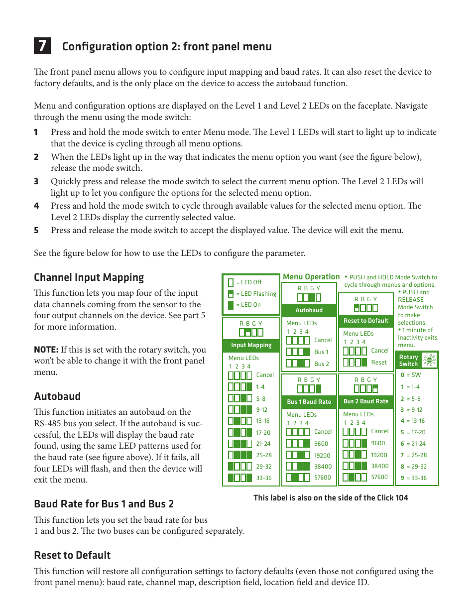 Configuration option 2: front panel menu, Channel input mapping, Autobaud | Baud rate for bus 1 and bus 2, Reset to default | Wavetronix Click 104 (4-channel DIN rail contact closure) (CLK-104) - Quick-reference Guide User Manual | Page 3 / 4