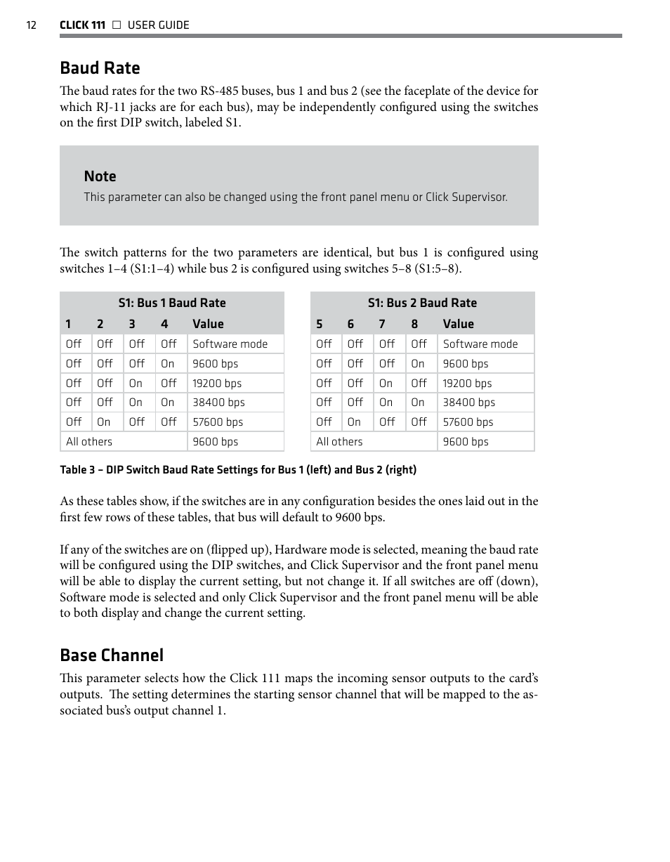 Baud rate, Base channel | Wavetronix Click 111 (16-channel Contact Closure Eurocard) (CLK-111) - User Guide User Manual | Page 13 / 38