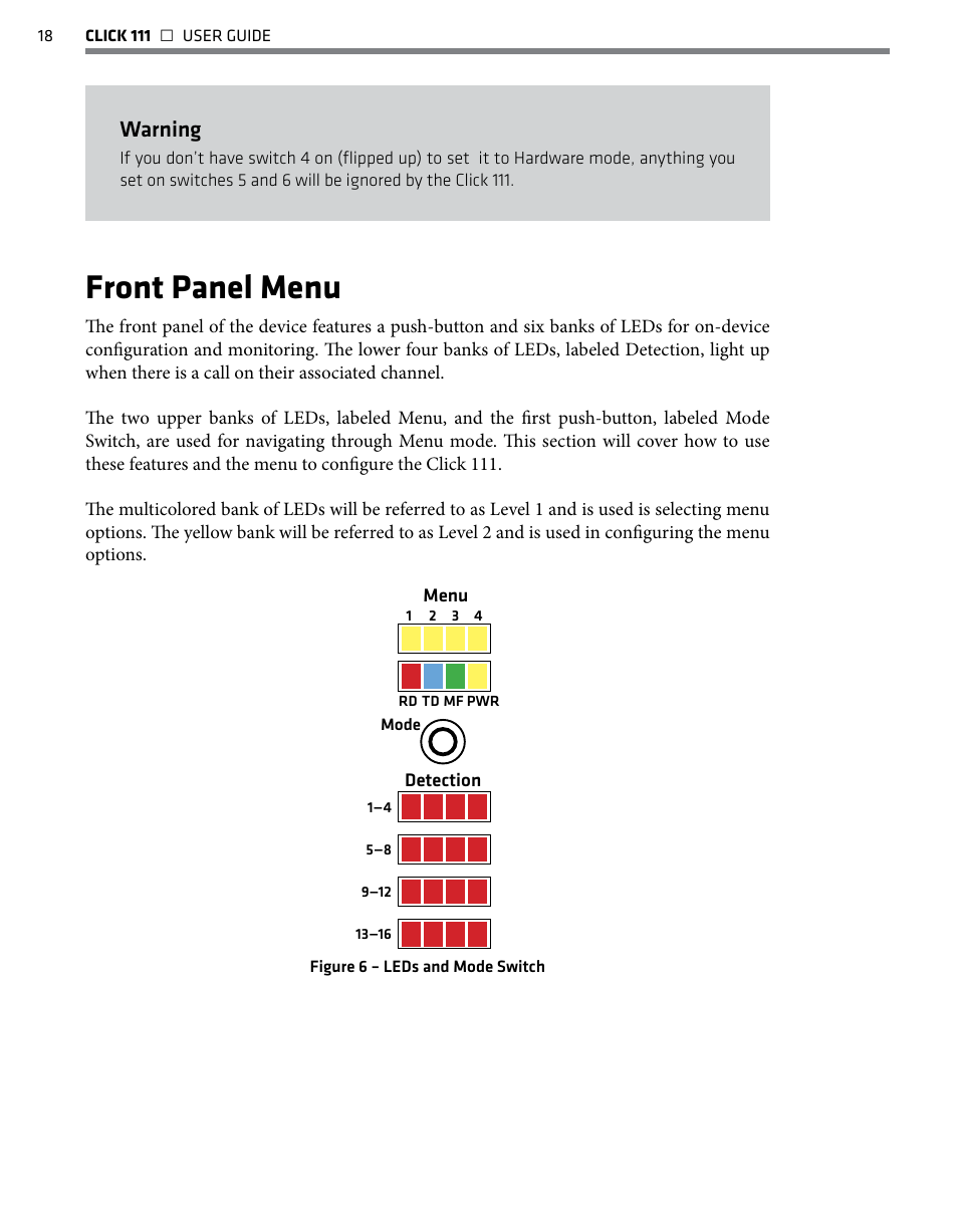 Front panel menu, Warning | Wavetronix Click 111 (16-channel Contact Closure Eurocard) (CLK-111) - User Guide User Manual | Page 19 / 38