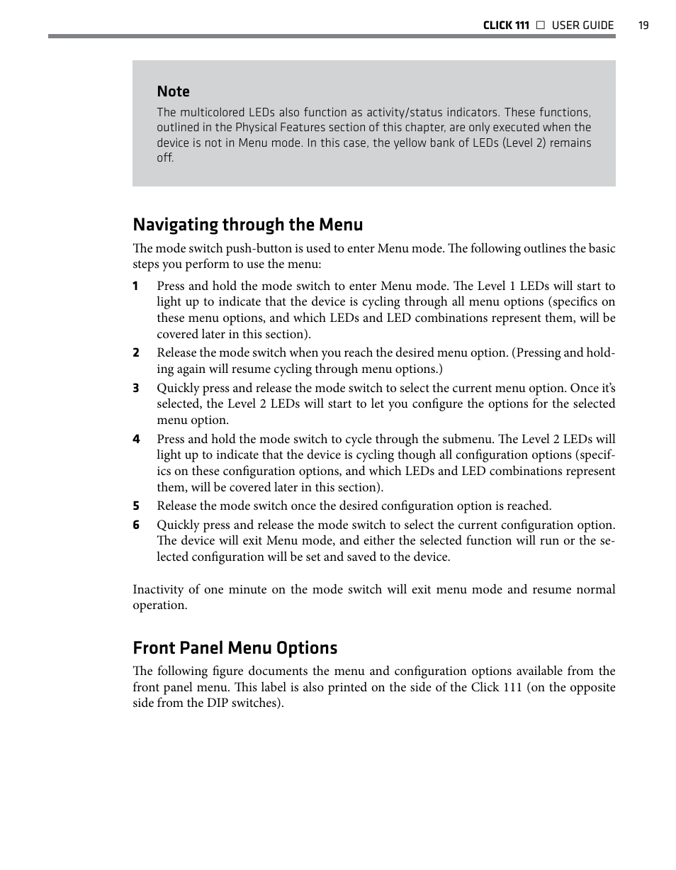 Navigating through the menu, Front panel menu options | Wavetronix Click 111 (16-channel Contact Closure Eurocard) (CLK-111) - User Guide User Manual | Page 20 / 38