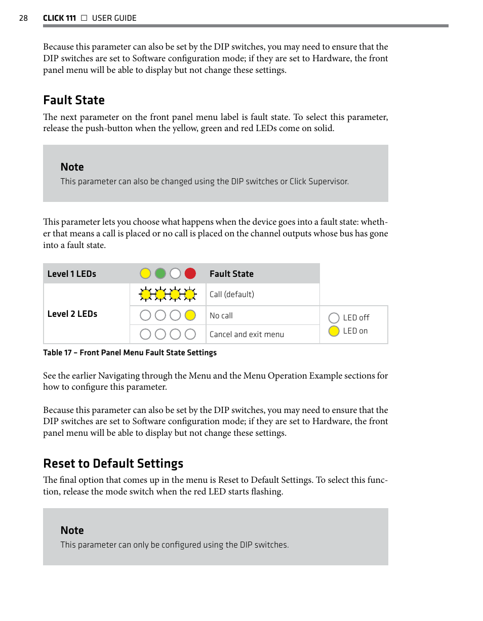 Fault state, Reset to default settings | Wavetronix Click 111 (16-channel Contact Closure Eurocard) (CLK-111) - User Guide User Manual | Page 29 / 38