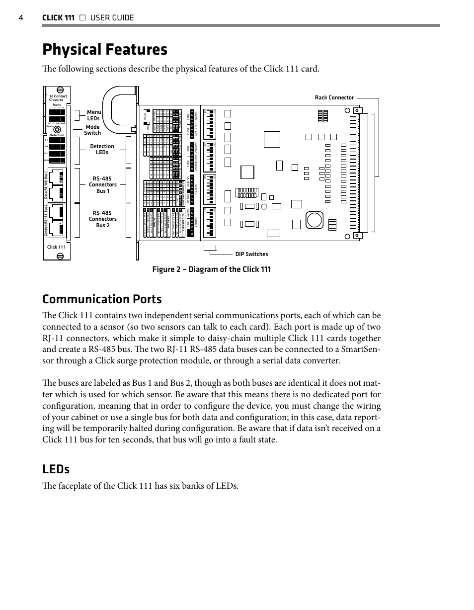 Physical features, Communication ports, Leds | 4click 111 • user guide, Figure 2 – diagram of the click 111, Dip switches | Wavetronix Click 111 (16-channel Contact Closure Eurocard) (CLK-111) - User Guide User Manual | Page 5 / 38