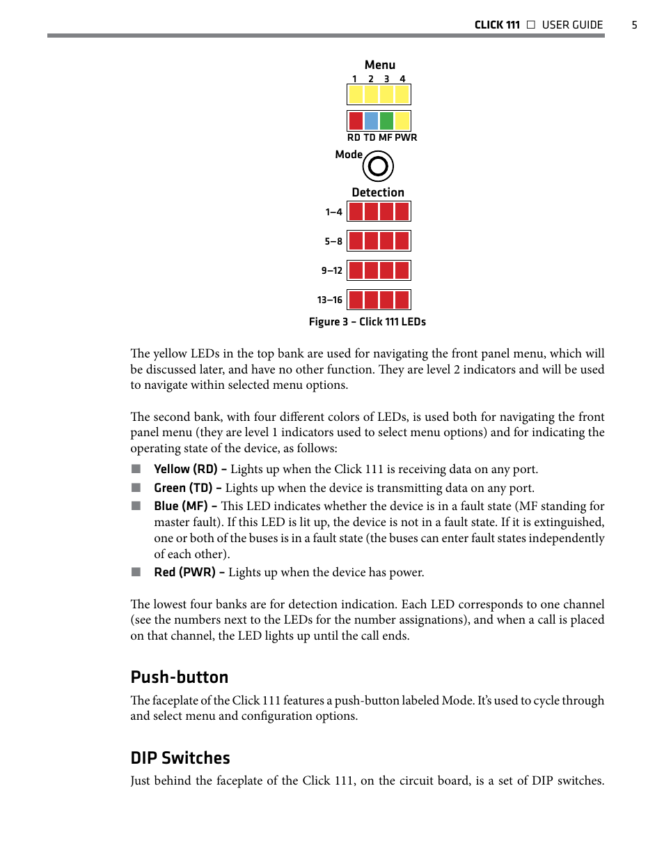 Push-button, Dip switches | Wavetronix Click 111 (16-channel Contact Closure Eurocard) (CLK-111) - User Guide User Manual | Page 6 / 38