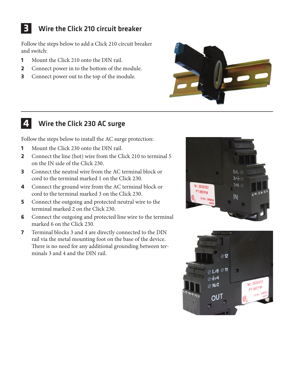 Wire the click 210 circuit breaker, Wire the click 230 ac surge | Wavetronix Click 201 (1 amp AC to DC converter) (CLK-201) - Quick-reference Guide User Manual | Page 2 / 4