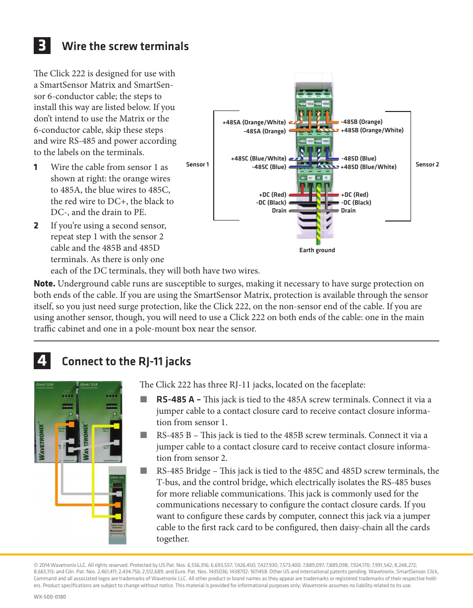 Wire the screw terminals, Connect to the rj-11 jacks | Wavetronix Click 222 (system surge protector) (CLK-222) - Quick-reference Guide User Manual | Page 2 / 2