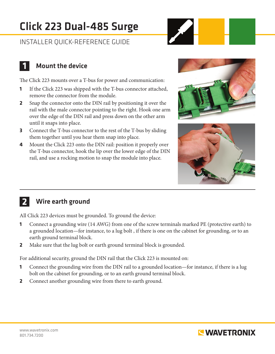 Wavetronix Click 223 (dual-485 surge protector) (CLK-223) - Quick-reference Guide User Manual | 2 pages