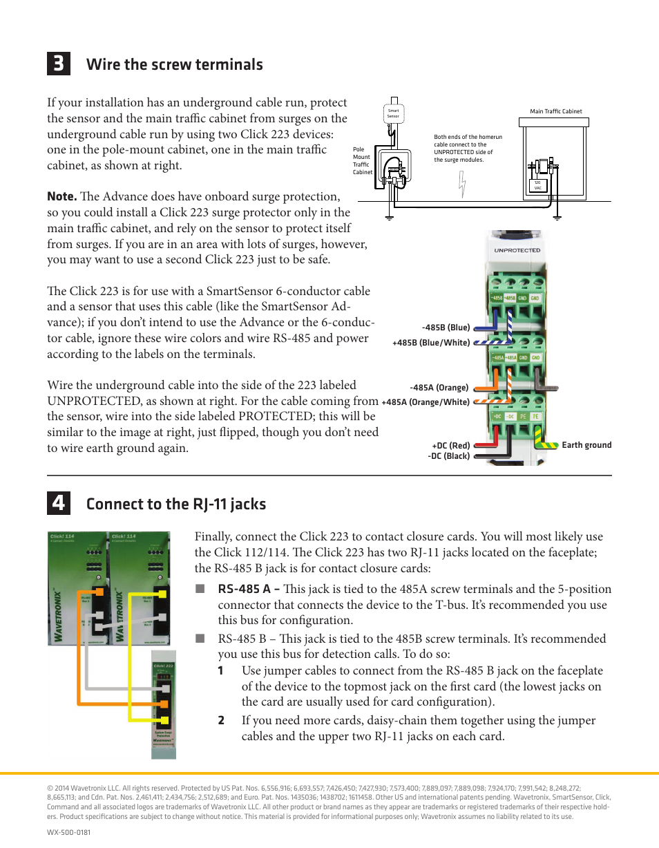 Wire the screw terminals, Connect to the rj-11 jacks | Wavetronix Click 223 (dual-485 surge protector) (CLK-223) - Quick-reference Guide User Manual | Page 2 / 2