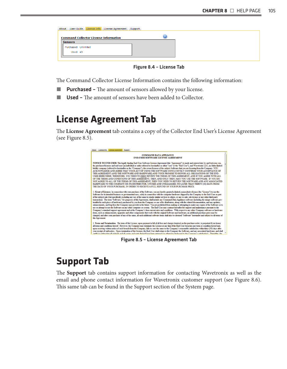 License agreement tab, Support tab | Wavetronix Command Collector (CMD-DCx) - User Guide User Manual | Page 106 / 117