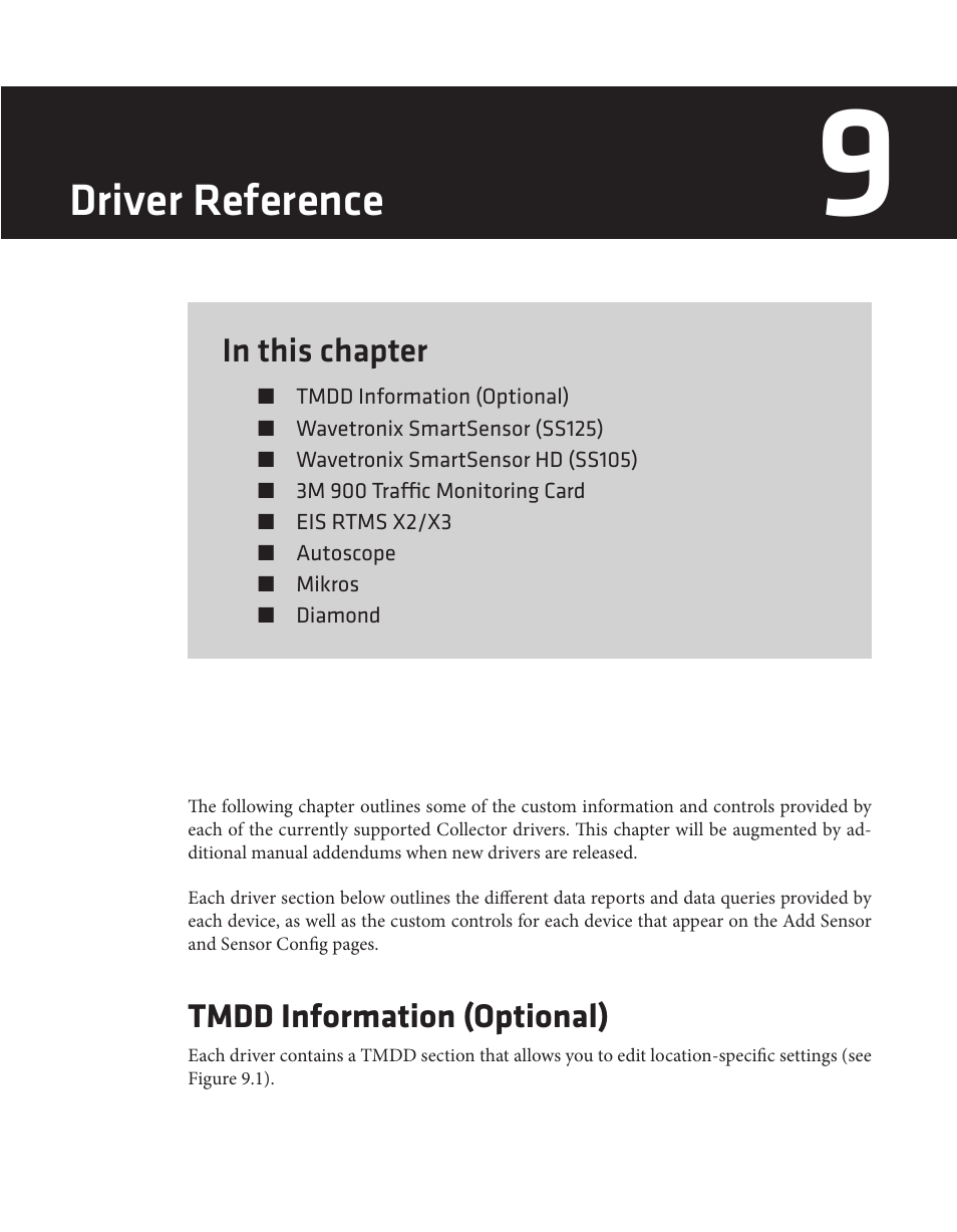 Driver reference, Tmdd information (optional) | Wavetronix Command Collector (CMD-DCx) - User Guide User Manual | Page 108 / 117