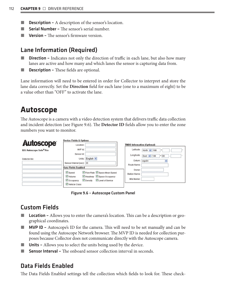 Autoscope, Lane information (required), Custom fields | Data fields enabled | Wavetronix Command Collector (CMD-DCx) - User Guide User Manual | Page 113 / 117